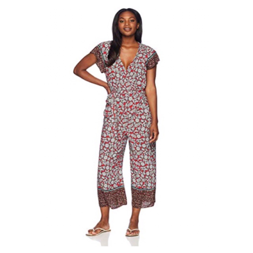 Boho Floral Smocked Neck Jumpsuit with Tie Sz S ✨